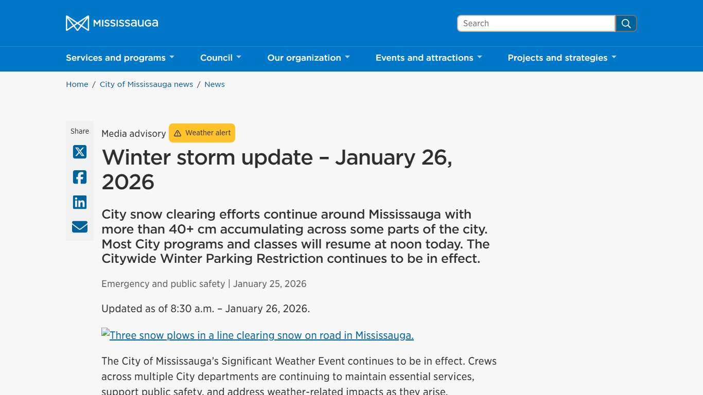 Winter storm update – January 26, 2026 – City of Mississauga